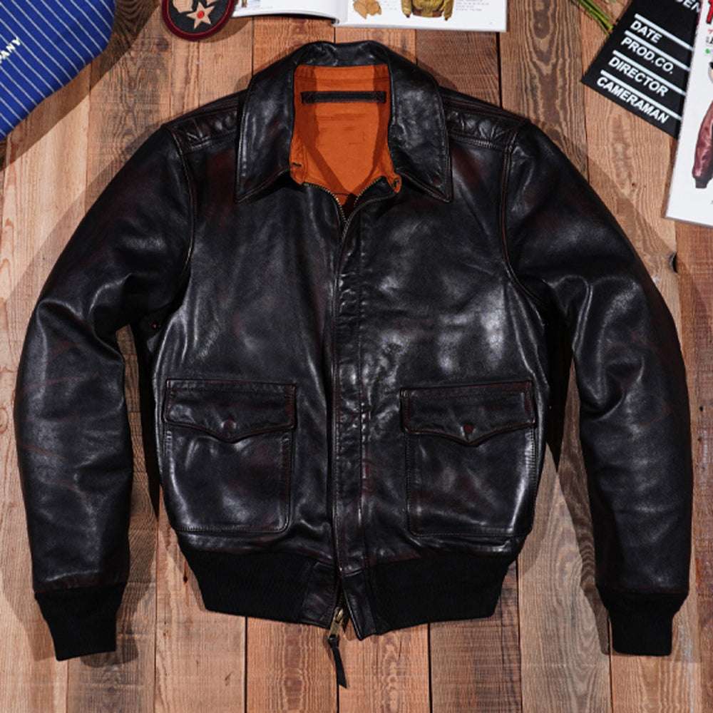 Vintage Fashion US A2 Bomber Coat Men's Jacket Horsehide Slim Fit Aviation Genu image 0