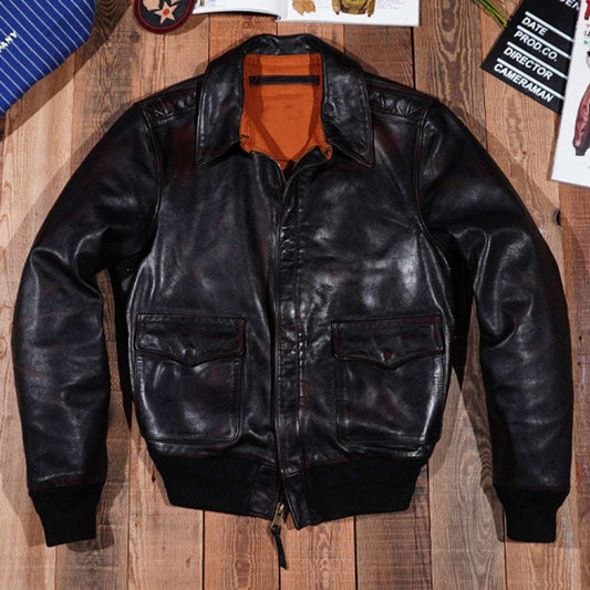 Vintage Fashion US A2 Bomber Coat Men's Jacket Horsehide Slim Fit Aviation Genu image 0