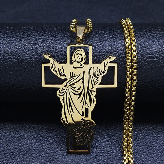 Jesus Cross Stainless Steel Pendant Necklace Gold Color Women/Men Religious image 0