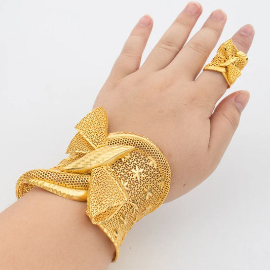 Dubai Cuff Bangle with Ring For Women 18k Gold Plated Copper Bracelet Jewelry N image 0