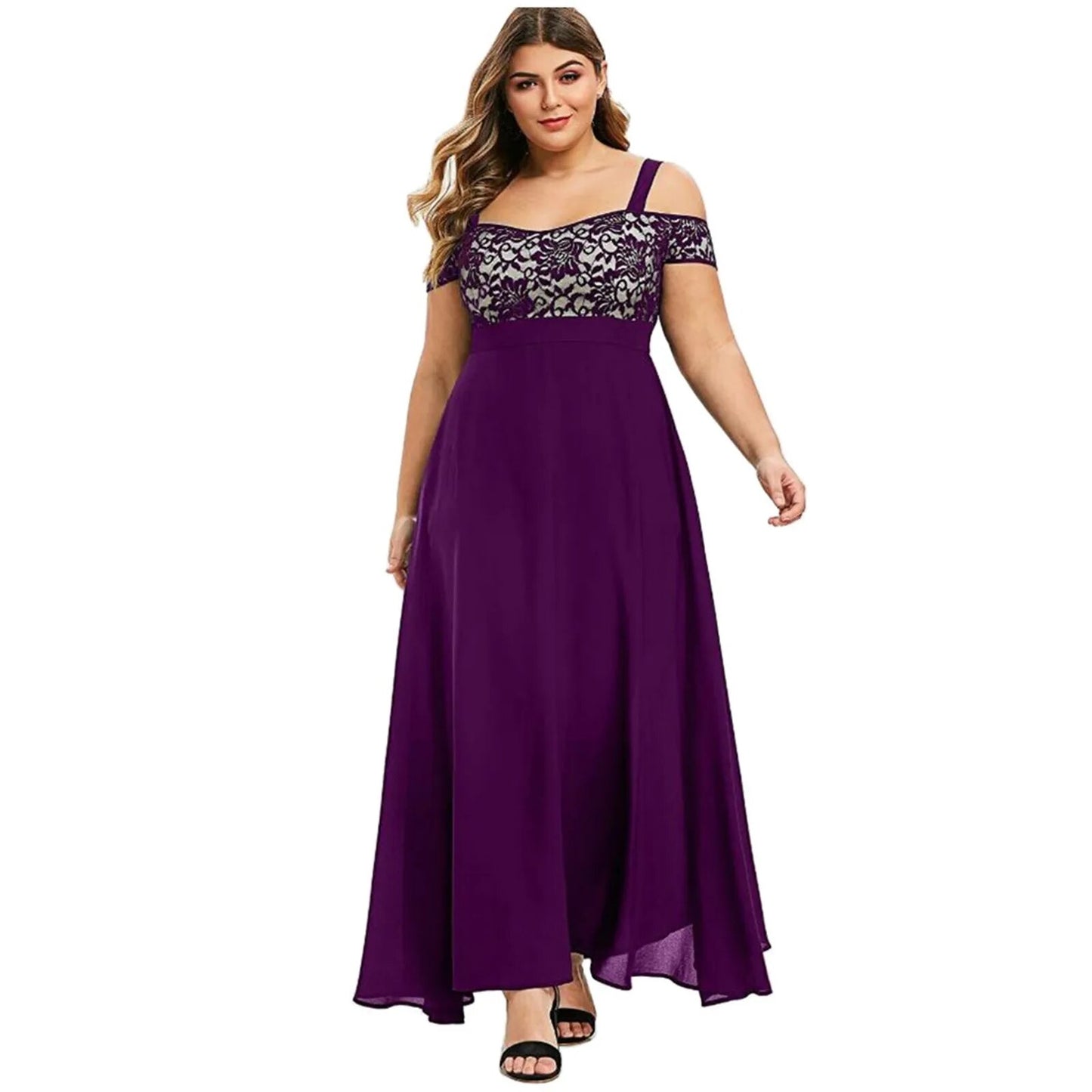 Plus Size Women Plus Size Cold Shoulder Floral Lace Maxi Party Evening Camis Lo image 1
