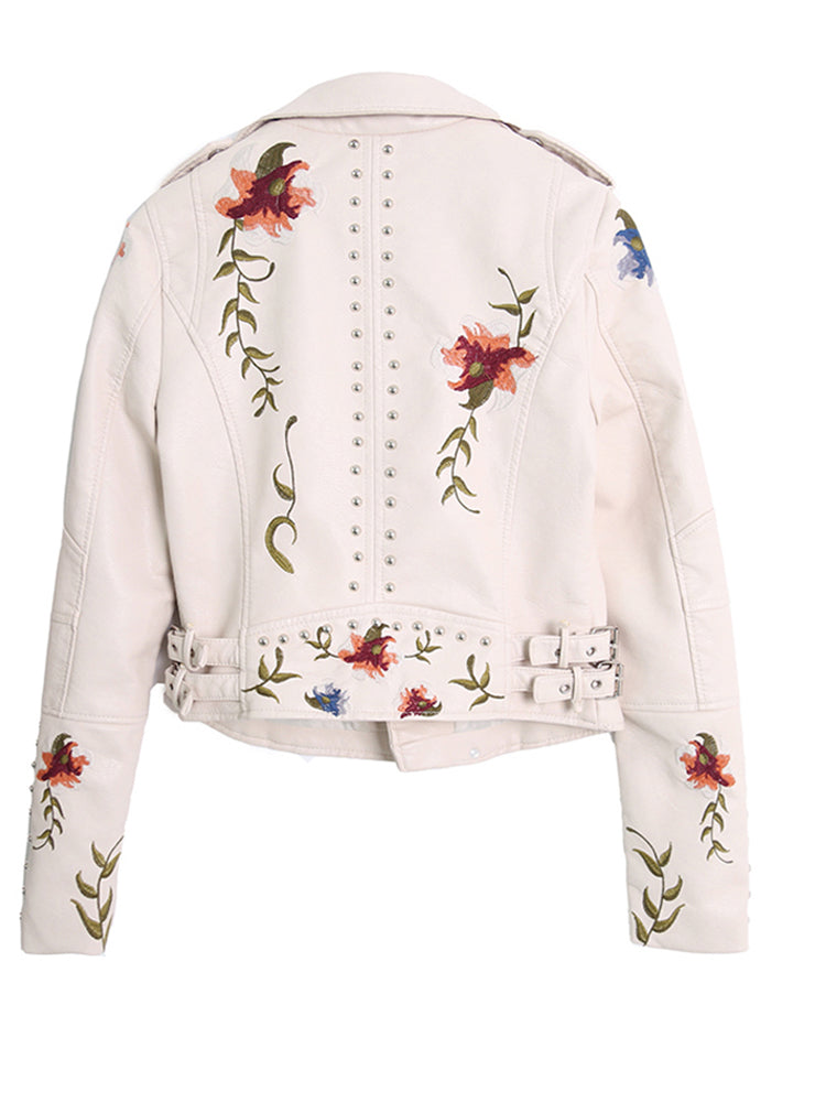 Ftlzz Women Floral Print Embroidery Faux Soft Leather Jacket Coat  Turn-down Co image 1