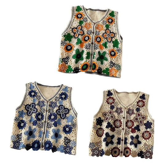 Women Vintage Hollow Crochet Knit Vest Waistcoat Ethnic Beaded Embroidery Color image 0