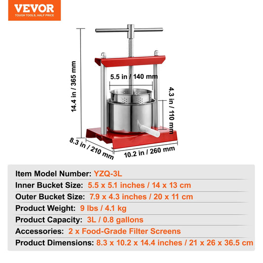 VEVOR 2L 3L 6L Manual Fruit Press Stainless Steel Household Manual Squeezer Cid image 0
