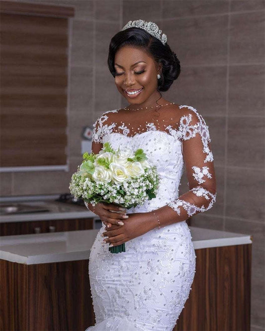 African Luxury Beading Mermaid Wedding Dress Long Sleeve Appliques Pearls Weddi image 0