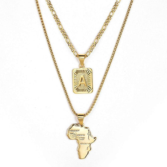 2pcs/set Letter Map Pendants Necklace Figaro Box Link Chain For Women Men Gold image 0