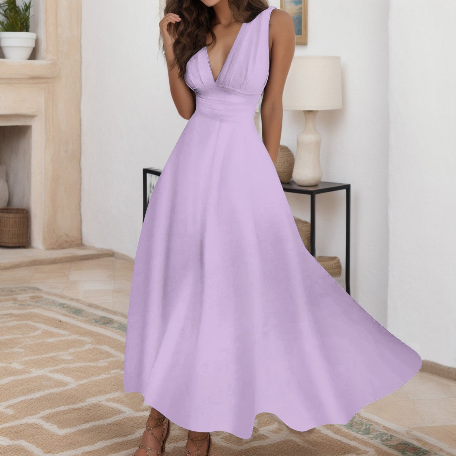 Women Elegant A Line Sleeveless White Midi Dress Casual Female Sping Summer V-n image 1