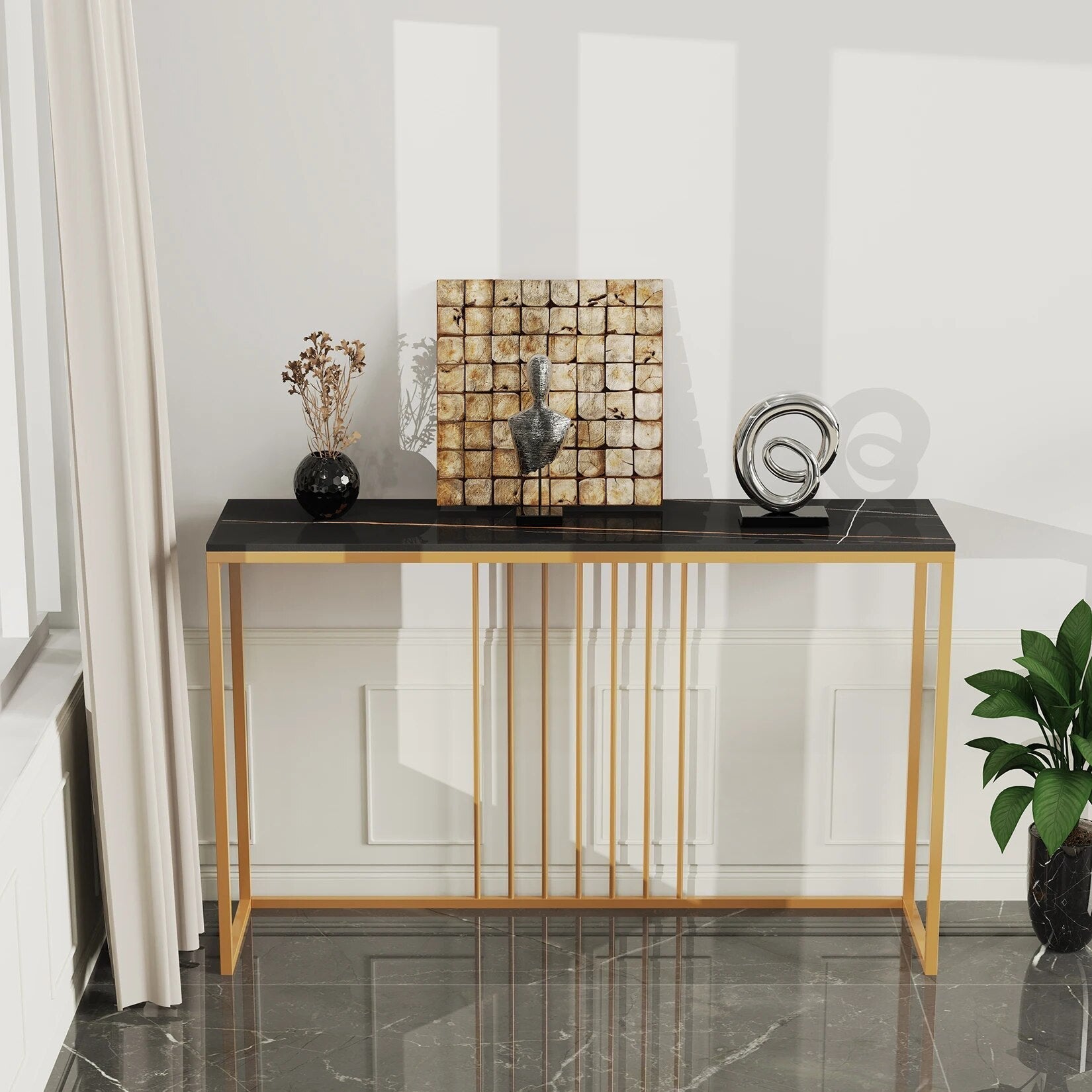47.2" Extra Long Console Table Sintered Top Gold Metal Leg Sofa Table for Hallw image 4