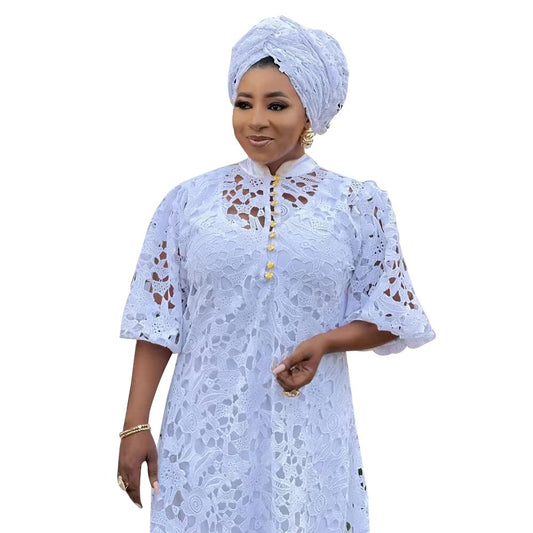New African Women Hollow Out Lace Long Dresses Nigerian Wedding Party Clothes F image 0