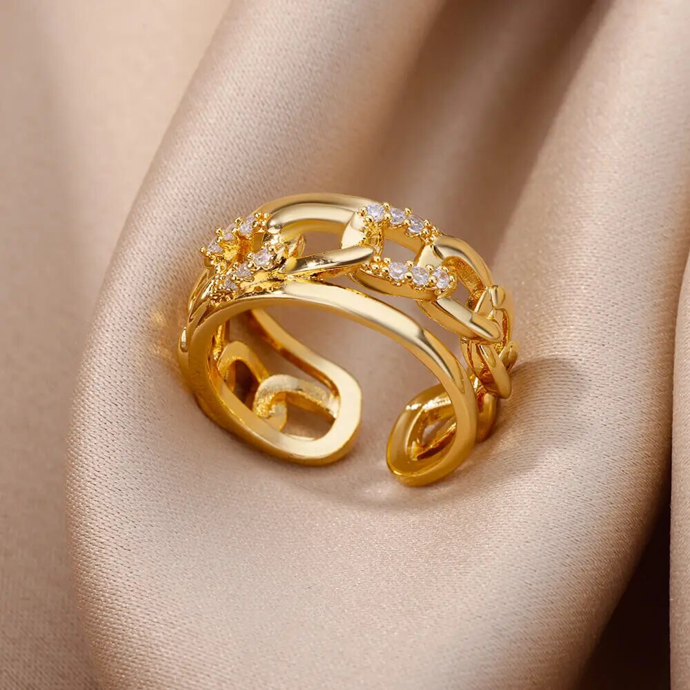 Fashion Gold Color Stainless Steel Rings For Women Chain Hollow Out Crystal Zir image 12