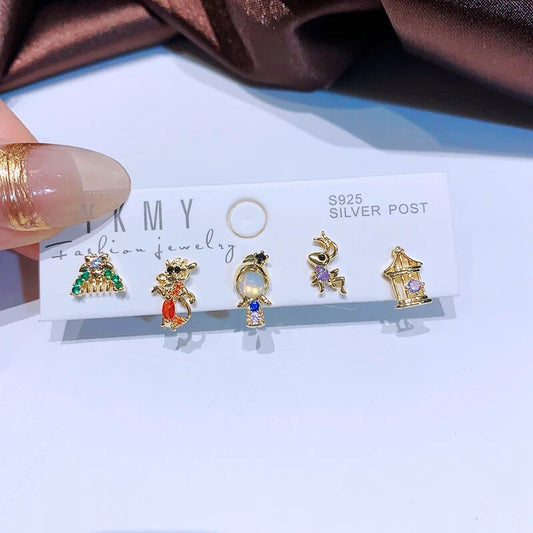 MIGGA 5pcs Fairy Cute Small Princess Stud Earrings Set for Women Girls Gold Col image 0
