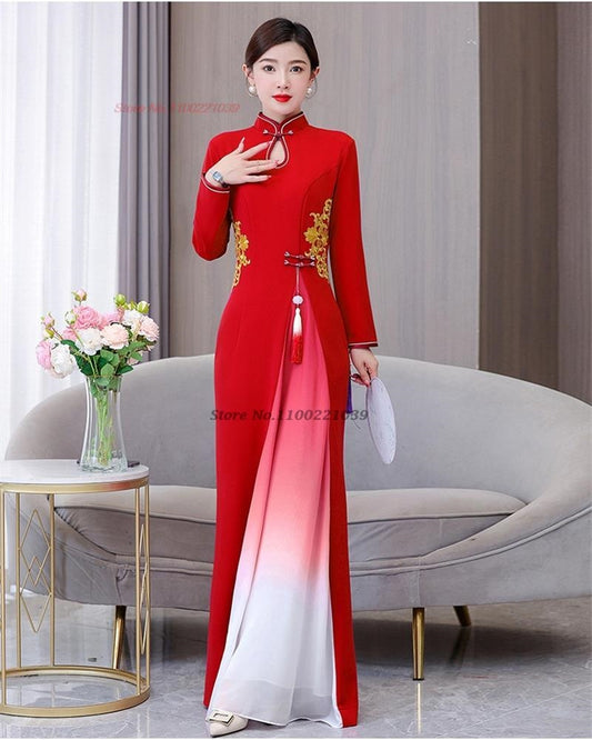 2024 vietnam traditional dress aodai chinese improved qipao national flower emb image 0