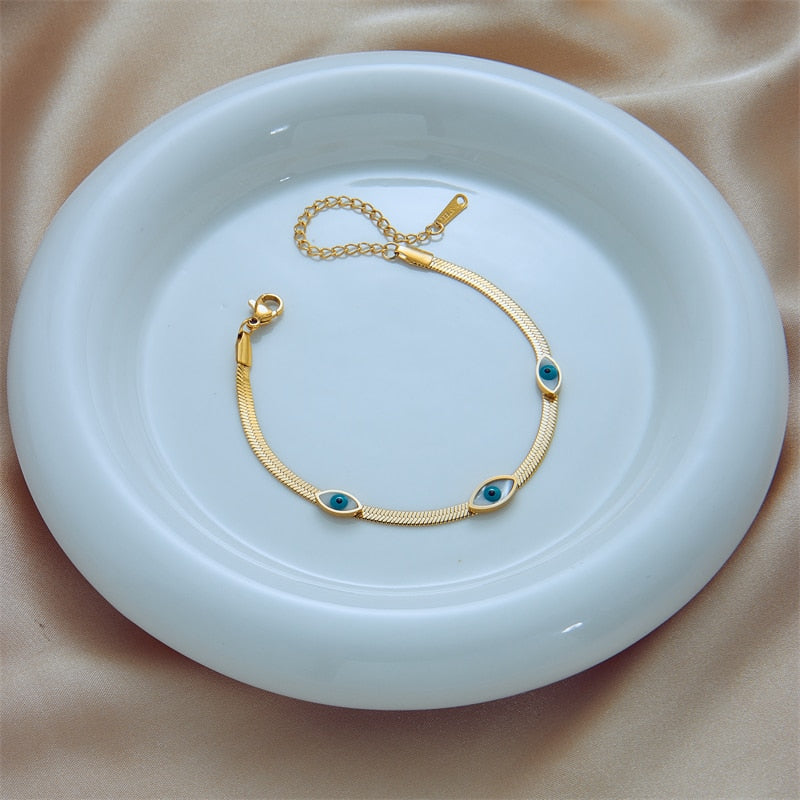 DIEYURO 316L Stainless Steel Blue Eye Charm Bracelet for Women Rustproof Gold C image 3