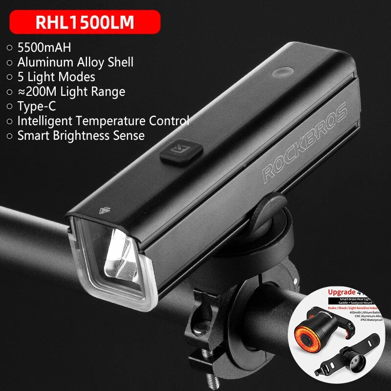 ROCKBROS Bike Light 1500LM5000mAh Type-C Bicycle Light Temperature Control  IPX image 1