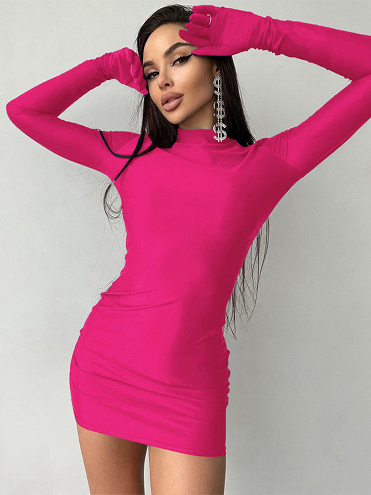 Solid Long Sleeve With Gloves Mini Dress Bodycon Sexy Streetwear Party Half Tur image 4