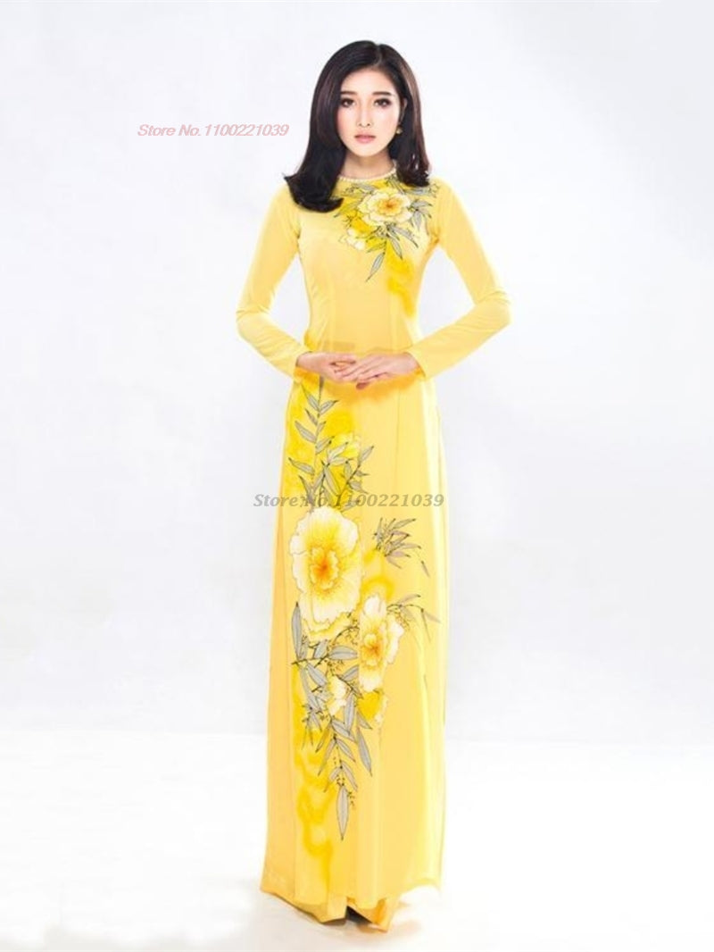 2024 vietnam traditional dress aodai national dress+pants set flower print qipa image 2