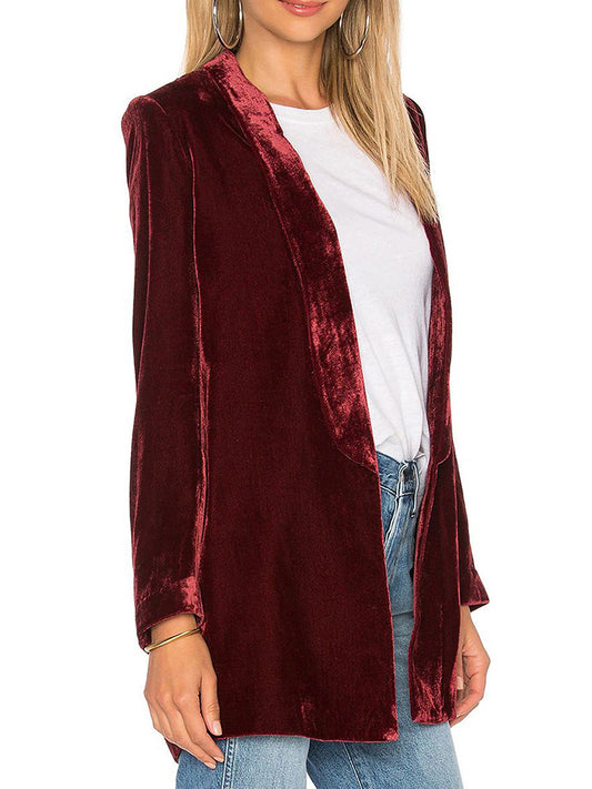 Women Casual Pleuche Blazer Adults Open Front Solid Color Long Sleeve Lapel Sui image 0