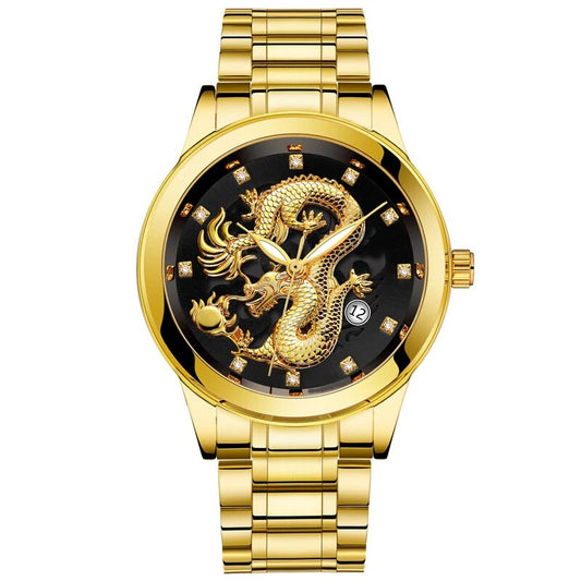 Fashion Men's Watch Chinese Dragon Golden Watch Stainless Steel Calendar Quartz image 0