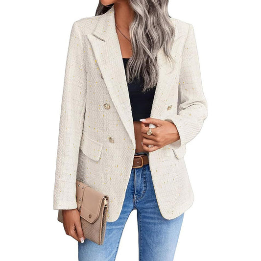 Women Fashion Tweed Double Breasted Blazer Coat Vintage Long Sleeve Flap Pocket image 0
