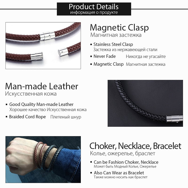Men's Leather Choker Brown Black Braided Rope Chain Necklace For Men Boys Stain image 8
