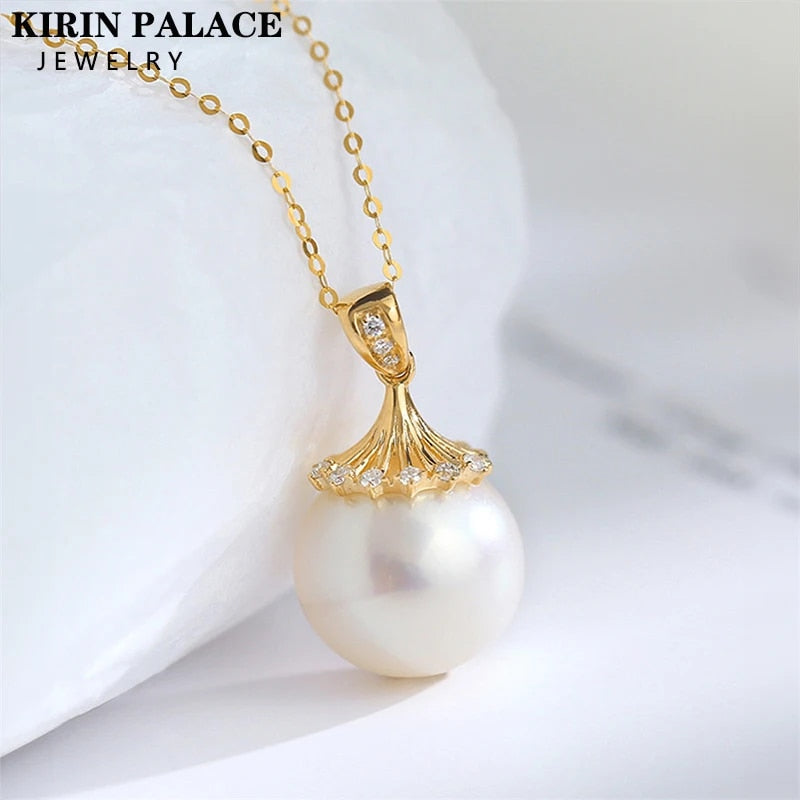 18K Gold Necklace Pendant Round Natural Freshwater Pearl AU750  Yellow Gold Pen image 1