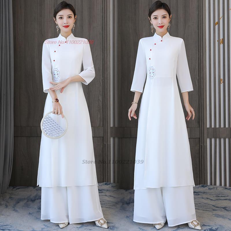 2024 traditional vietnam ao dai vintage dress+pants set national flower embroid image 3