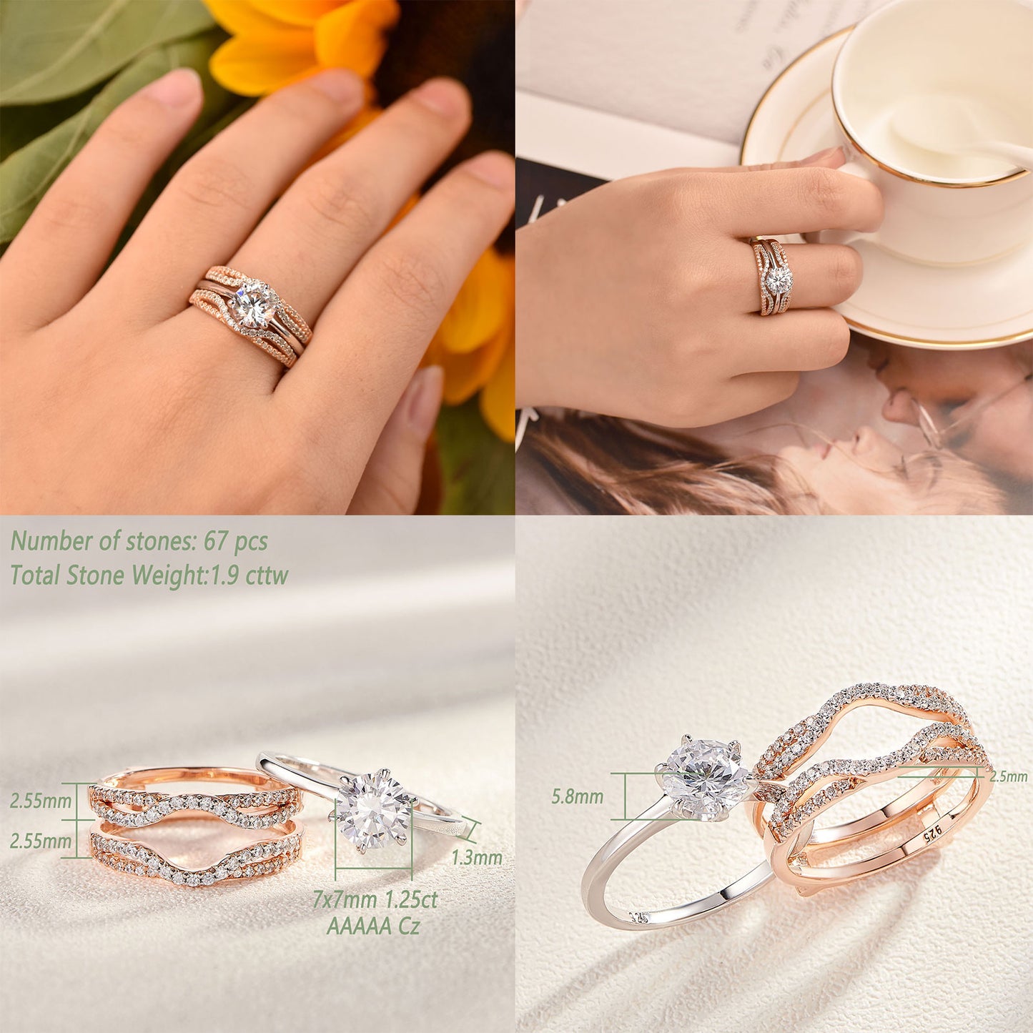 Newshe Yellow Gold Color 925 Silver Solitaire Brilliant Round Engagement Rings image 4