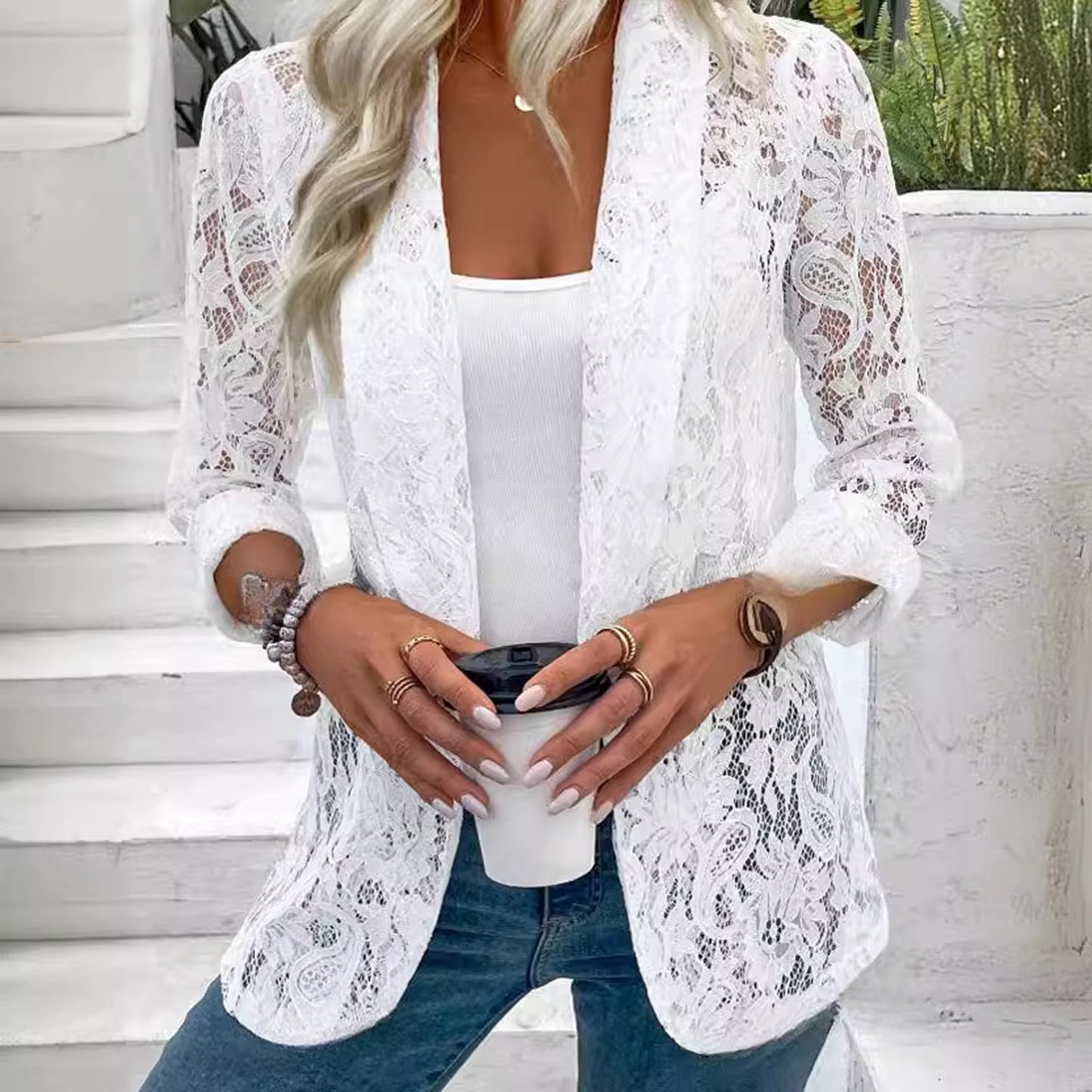 White Lace Hollow Out Women's Suit Coat Solid Open Stitch Blazers Outdoor Forma image 1