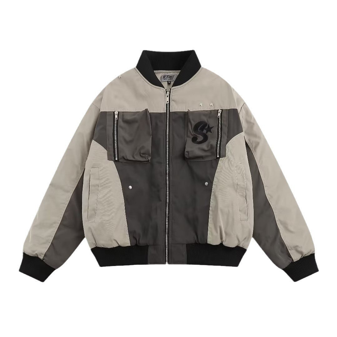 Street Retro Patchwork Baseball Jacket Man Autumn Loose Pilot Jackets Multi Poc image 0