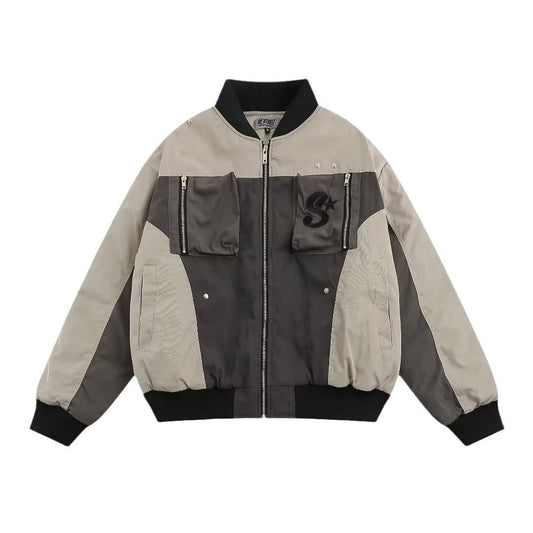 Street Retro Patchwork Baseball Jacket Man Autumn Loose Pilot Jackets Multi Poc image 0