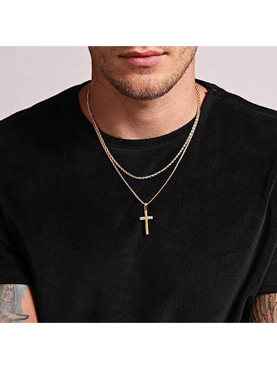 1pc Ursteel Men's Cross Necklace, Stainless Steel Silver/black/gold Layered Rop image 2