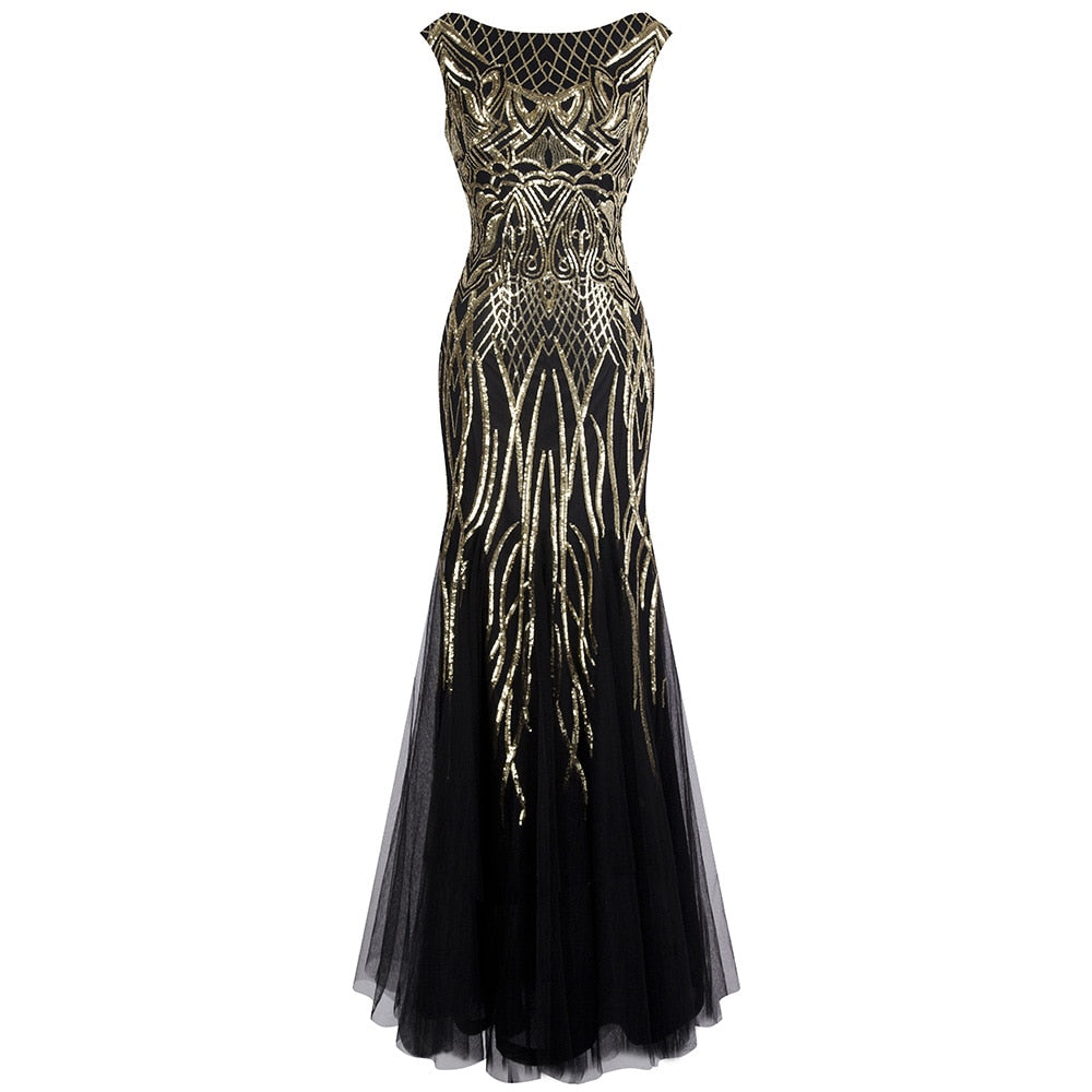 Angel-fashions Bateau Boat Neck Vintage Golden Sequin Ball Gown Long Prom Dress image 0