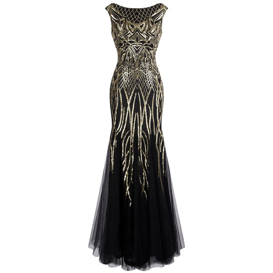 Angel-fashions Bateau Boat Neck Vintage Golden Sequin Ball Gown Long Prom Dress image 0