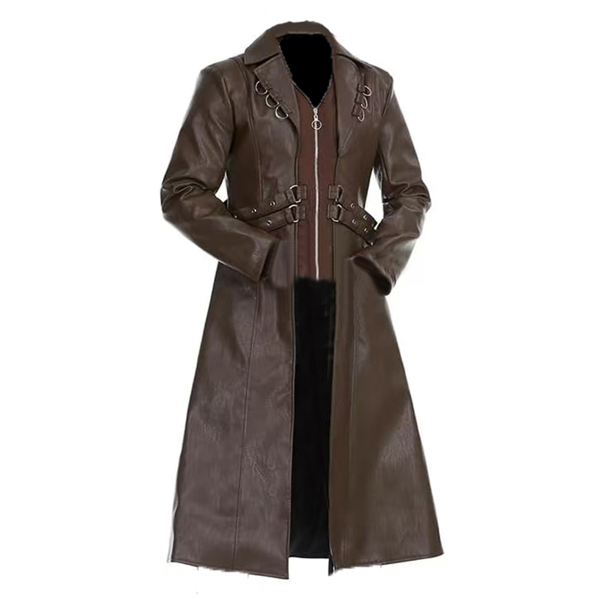 Men Steampunk Faux Leather Vintage Jacket Medieval Trench Coat Long Outwear Win image 2