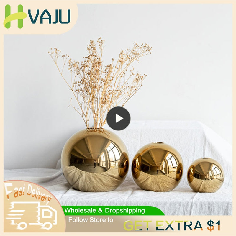 Nordic Sphere Electroplating Gold Golden Ceramic Vase Plating Golden Ball Ceram image 1