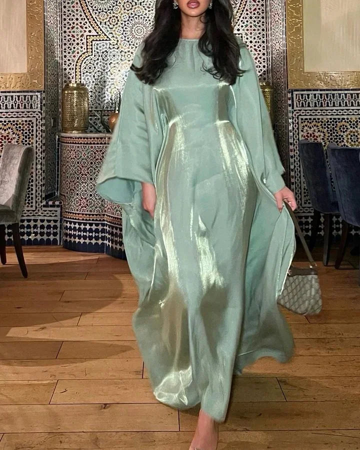 Fashion Glossy Gauze Muslim Kimono Abaya O-neck Maxi Robe Women 2024 Spring Sum image 2