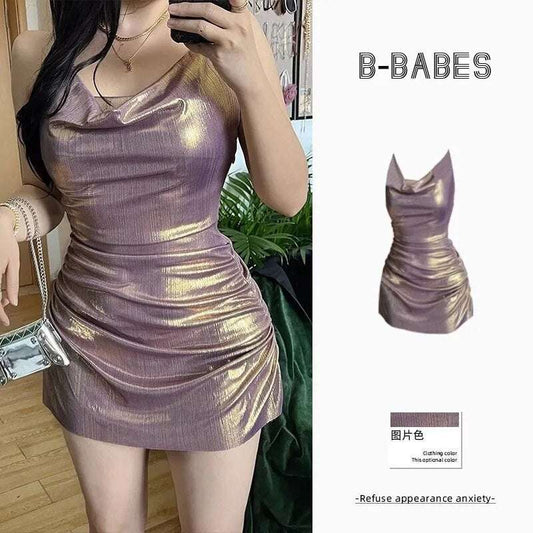 Plus Size Dress 100kg Bright Gold Purple Niche Dress Women Hanging Neck Hip Ski image 0