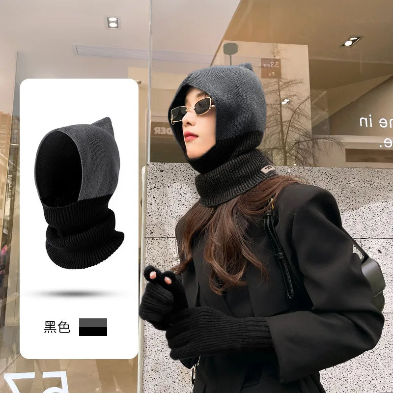 Winter Women Men's Knitted Cotton Hat Scarf Color Matching Two-color Balaclava  image 2
