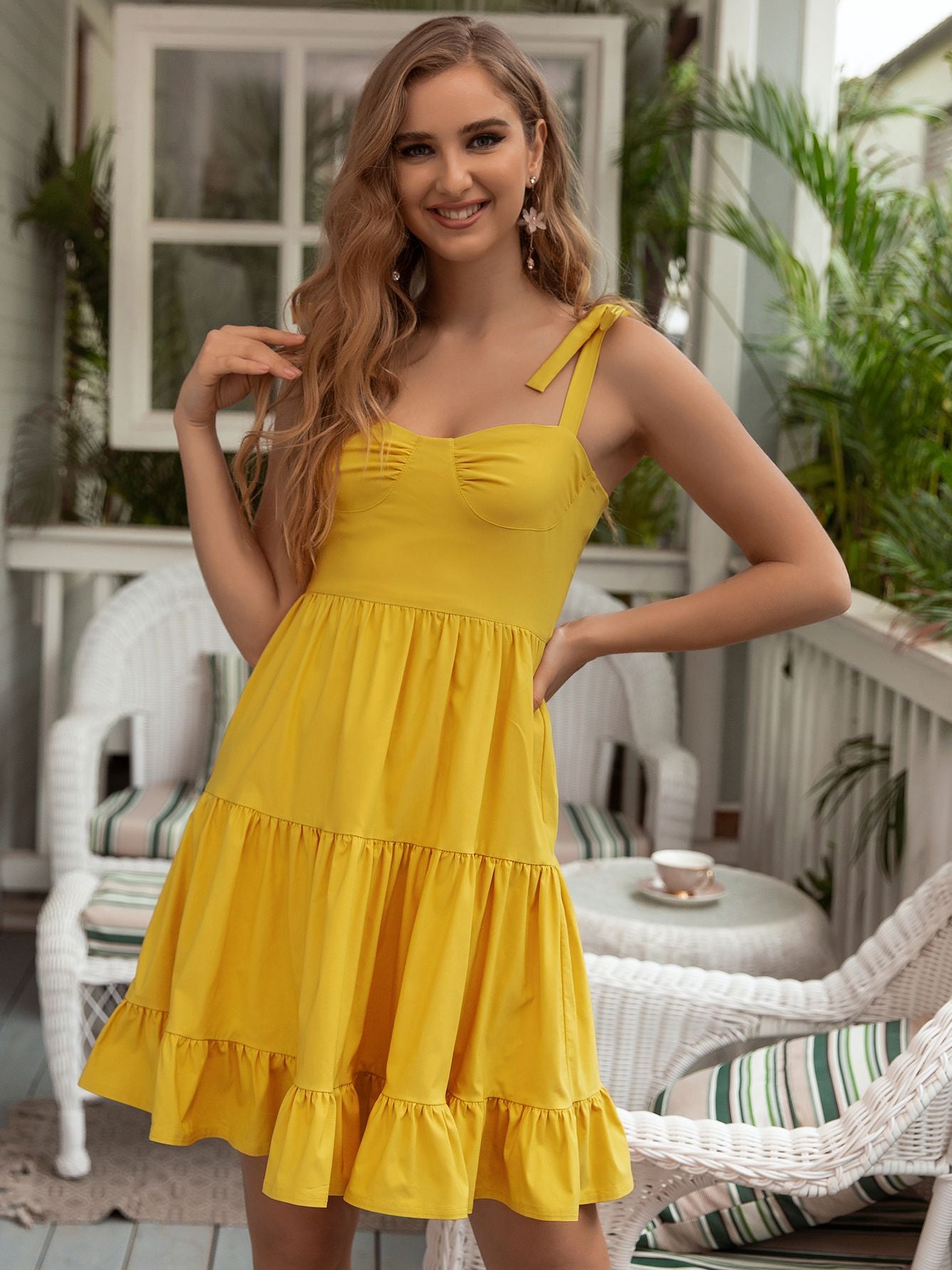 Angel-fashions Women's Strapless Tie Shoulder Ruffle Hem A-Line Short Cami Cock image 1