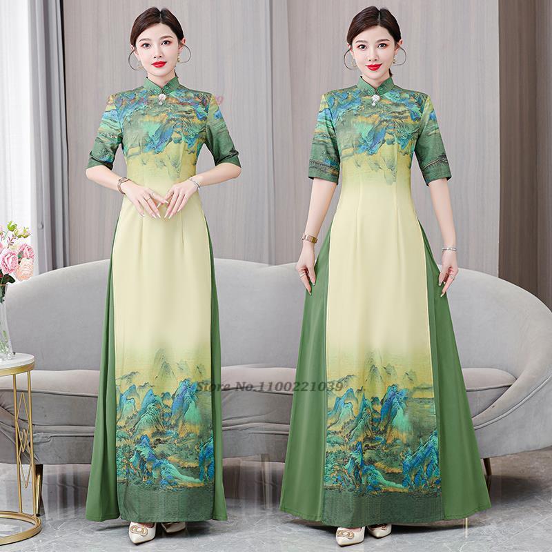 2024 vietnam aodai dress traditional chinese vintage qipao dress women flower p image 1
