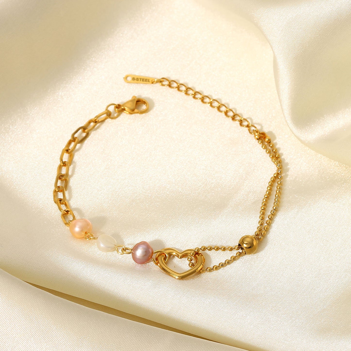 Stainless Steel PVD 18K Gold Plated Tarnish Waterproof Natural Pearl Heart Brac image 1