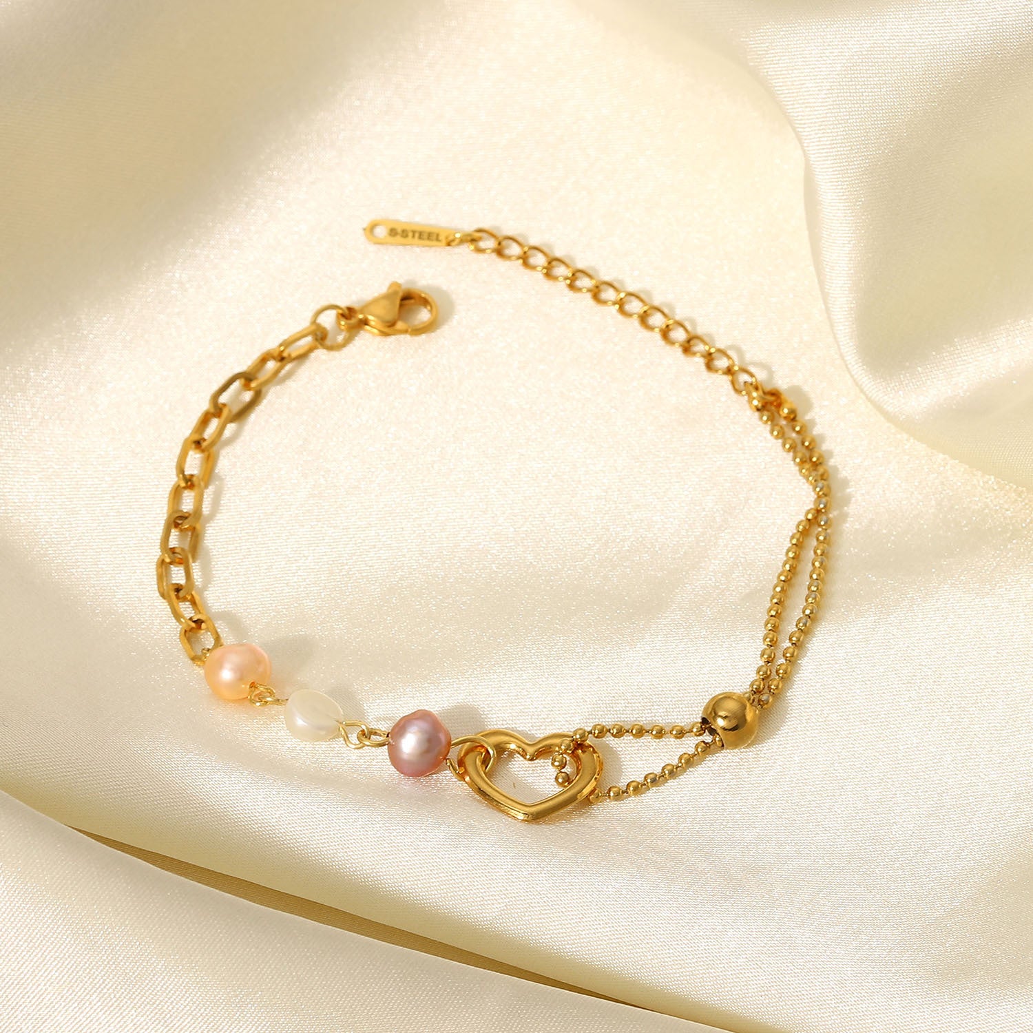Stainless Steel PVD 18K Gold Plated Tarnish Waterproof Natural Pearl Heart Brac image 1