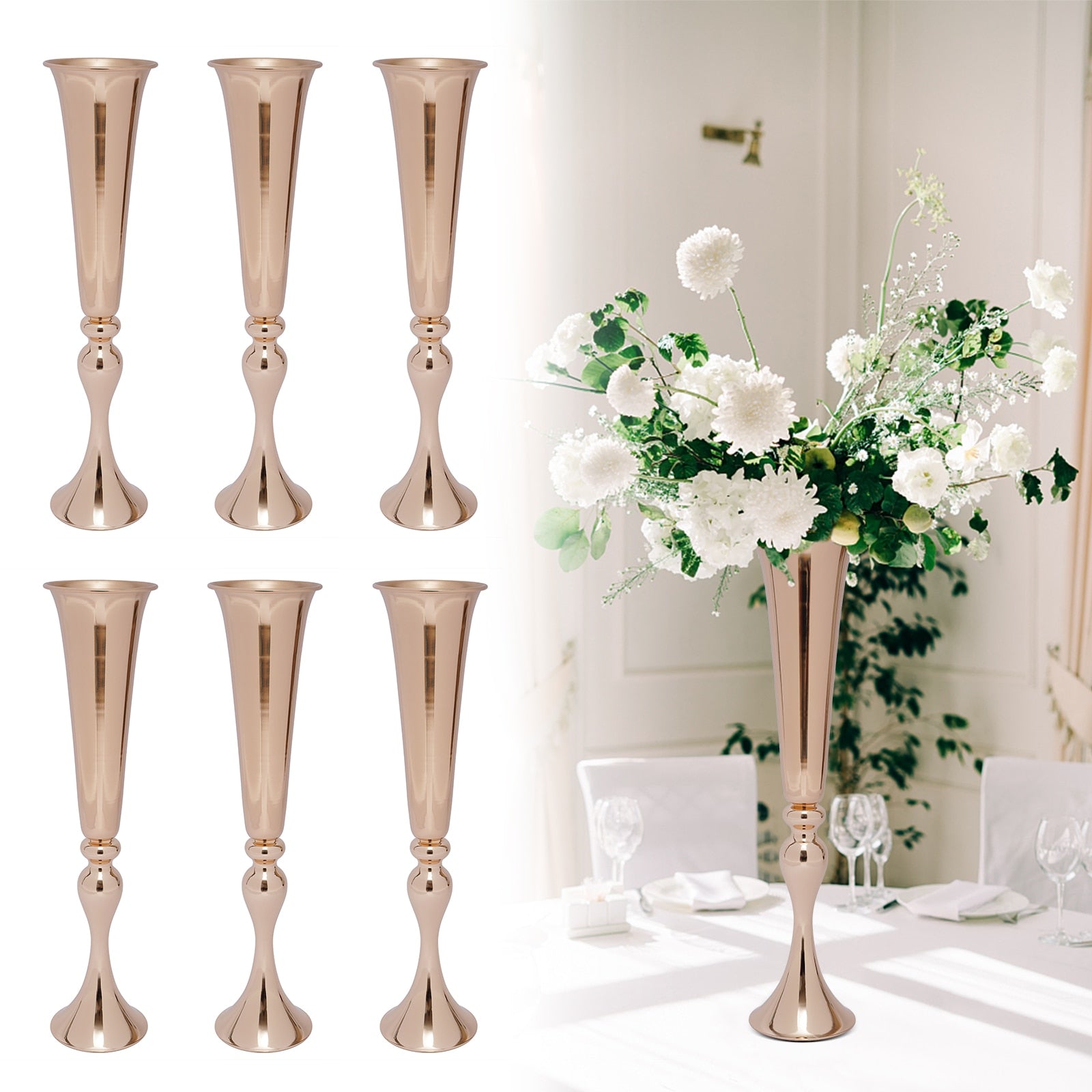 6Pcs Metal Trumpet Vases Desktop Metal Large and Tall Vases Flower Holder Gold image 5