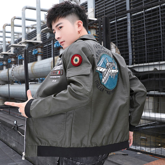 Embroidered Print Handsome Leather Coat Men's Spring and Autumn Business Casual image 0