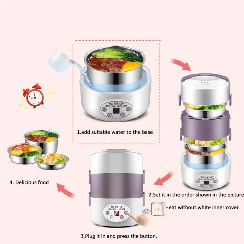 2024  Lunch Box 3 Layer Multifunction Steam Heating Rice Cooker with Steamer Po image 6