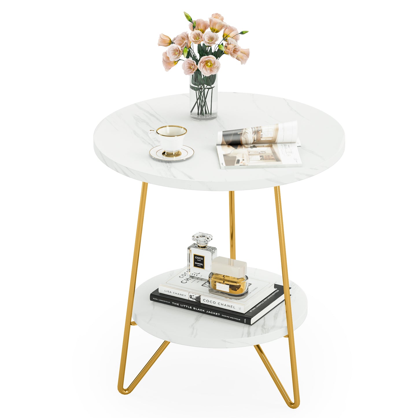 Tribesigns Faux Marble End Table, 2 Tier Round Side Table with Shelves, Modern image 1