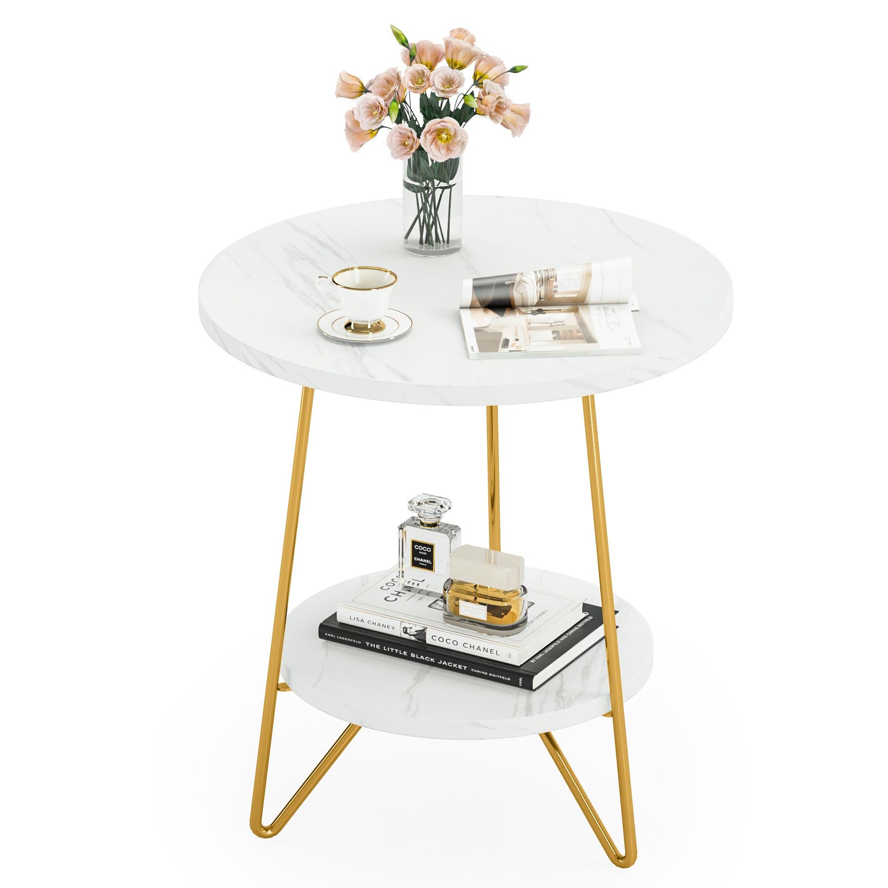 Tribesigns Faux Marble End Table, 2 Tier Round Side Table with Shelves, Modern image 1