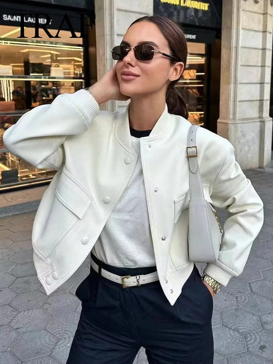 TRAF Vintage Solid Long Sleeve Bomber Jacket Spring Women Casual Coats Streetwe image 0