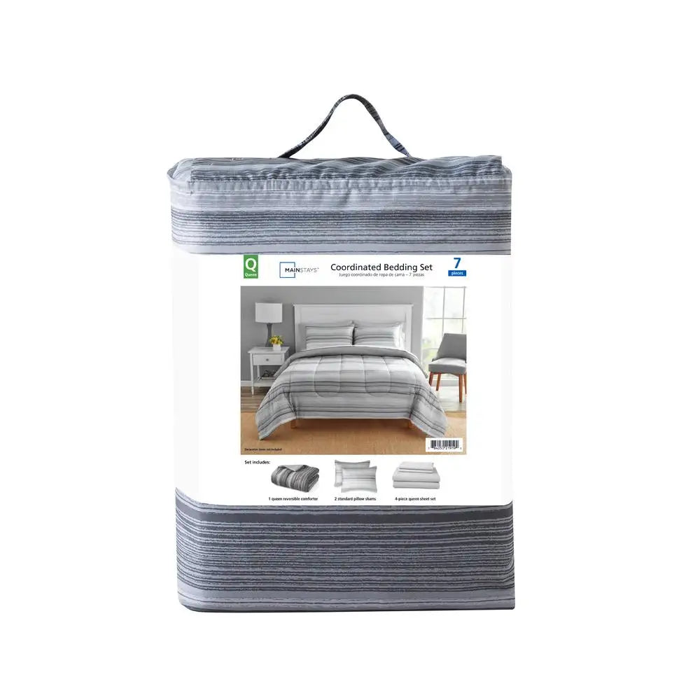 Mainstays Grey Ombre Stripe Bed-in-a-Bag King Comforter Set Polyester Reversibl image 1