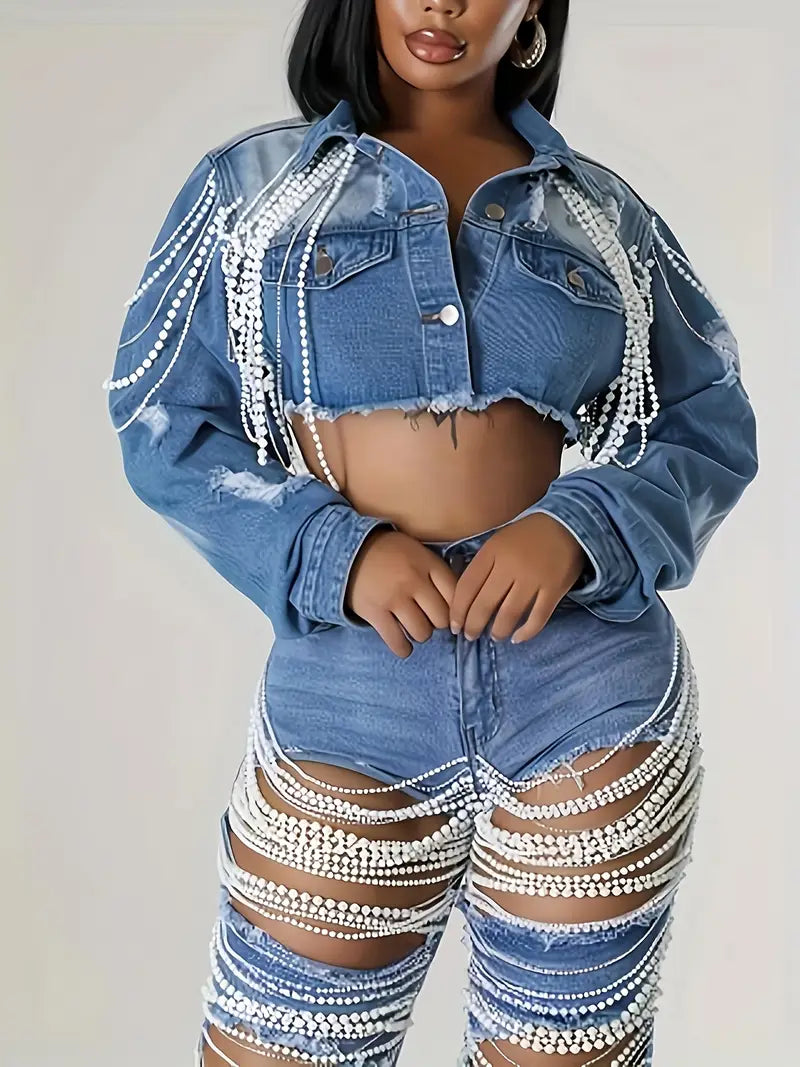 Women's Embroidered Denim Jacket with Pearl Chains, Handmade Beaded Casual Jack image 3